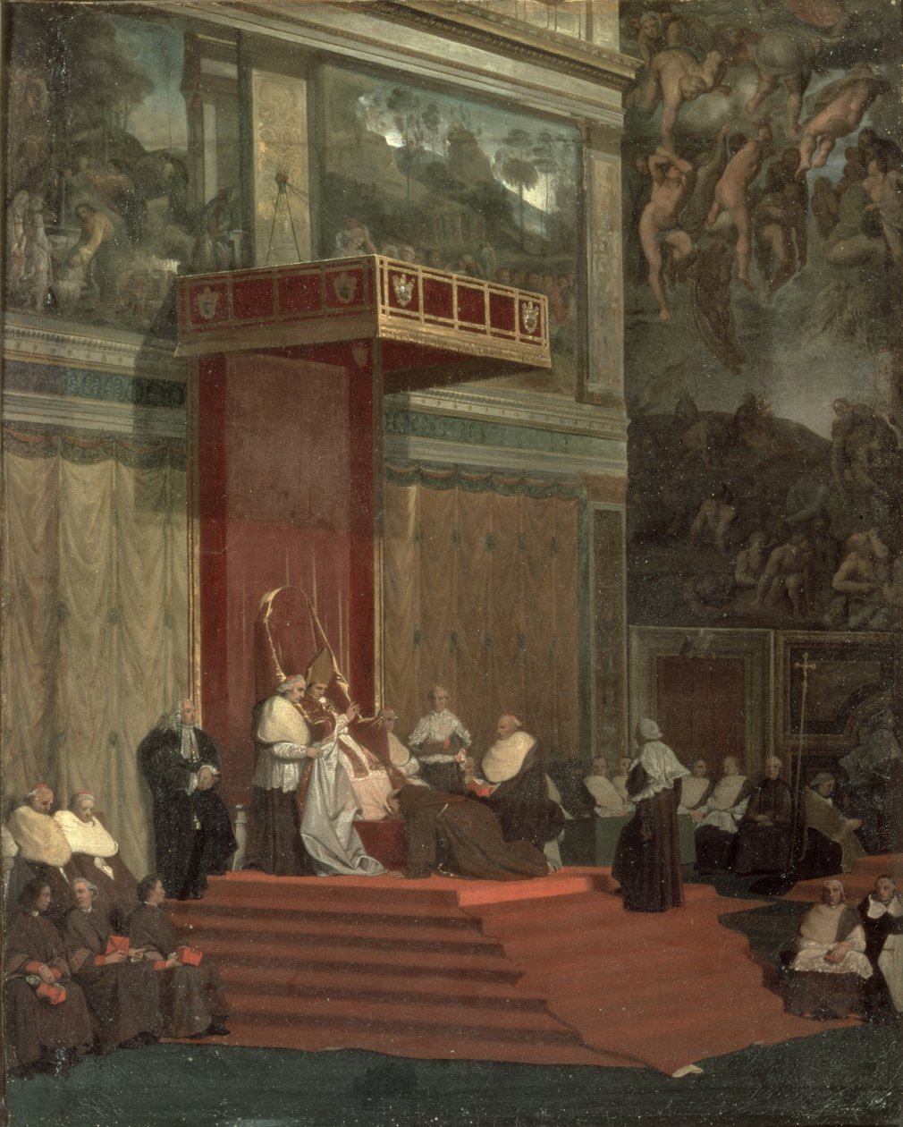 Papa Pio VII (Luigi Barnaba Chiaramonti) (1742-1823) freqüentando capela, 1820 de Jean Auguste Dominique Ingres