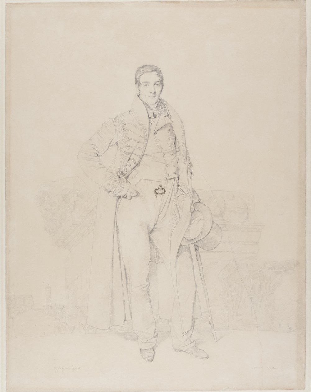 Retrato do arquiteto Alexandre Bénard, de corpo inteiro, com fragmentos de capitais clássicos, o Fórum Romano além, 1818 (grafite e bodycolour em papel creme) de Jean Auguste Dominique Ingres