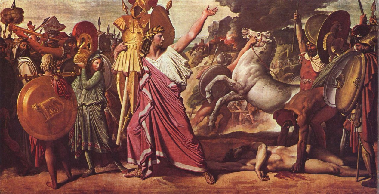 Romulus, o vencedor da Acron, leva o espólio rico para o templo de Zeus de Jean Auguste Dominique Ingres