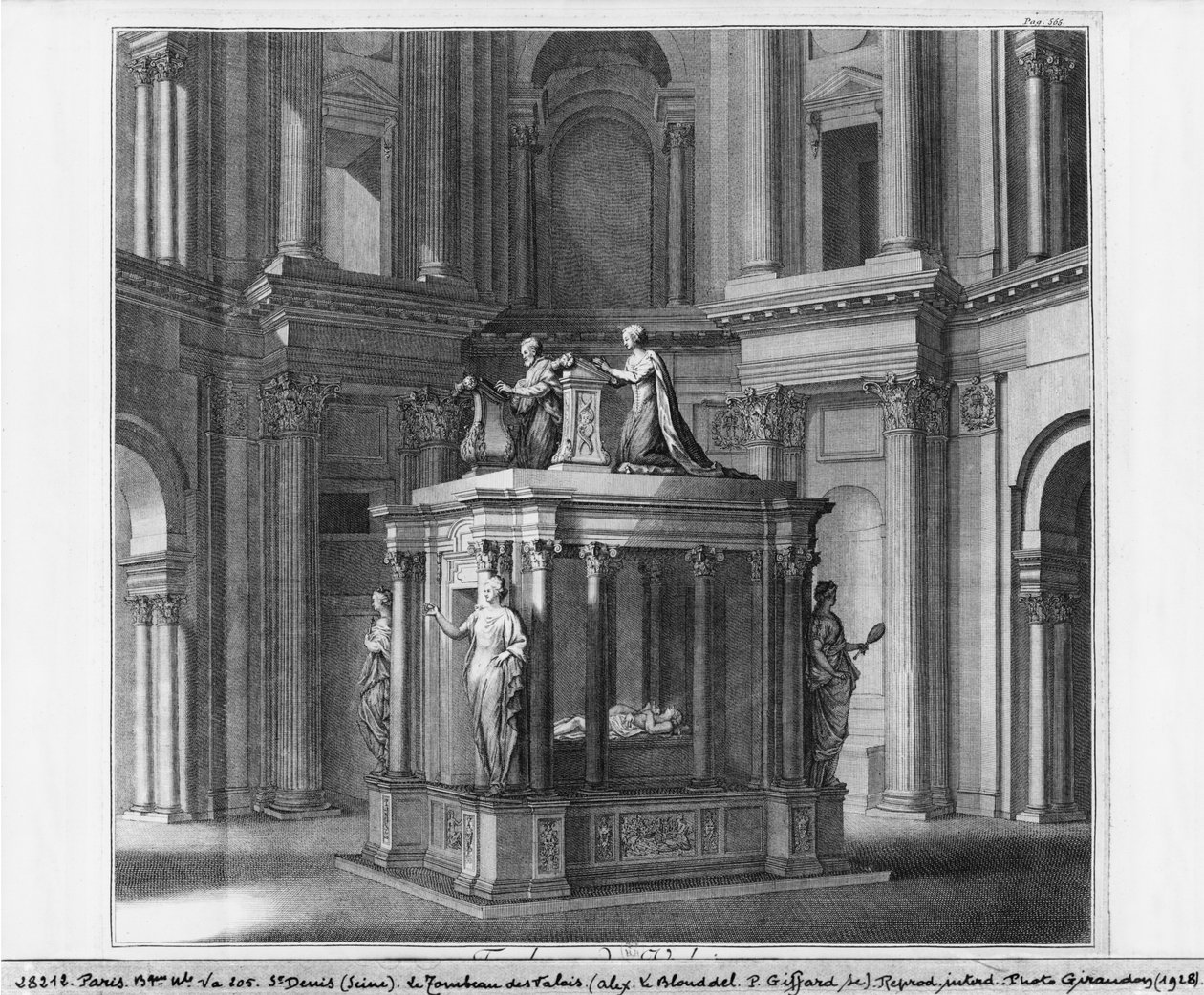 Túmulo de Henrique II e Catarina de Medicis no mausoléu de Valois, ilustração de &39;História da Abadia Real de Saint-Denis na França&39; por Dom Michel Felibien, edição de 1706 de Jean Baptiste Alexandre Le Blond