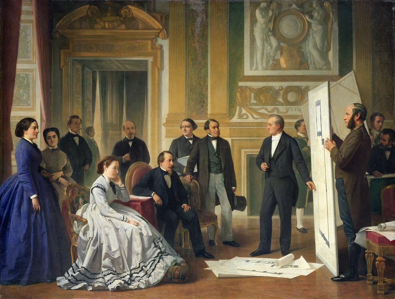 Louis Visconti (1791-1853) Apresentando os Novos Planos do Louvre a Napoleão III (1808-1873) 1853 de Jean Baptiste Ange Tissier