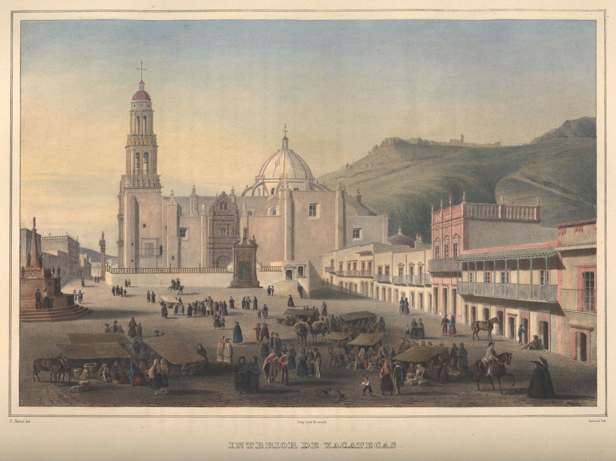 Interior de Zacatecas, vista de Zacatecas, Zacatecas. Litografia colorido à mão destacada com goma arábica. de Jean Baptiste Arnout