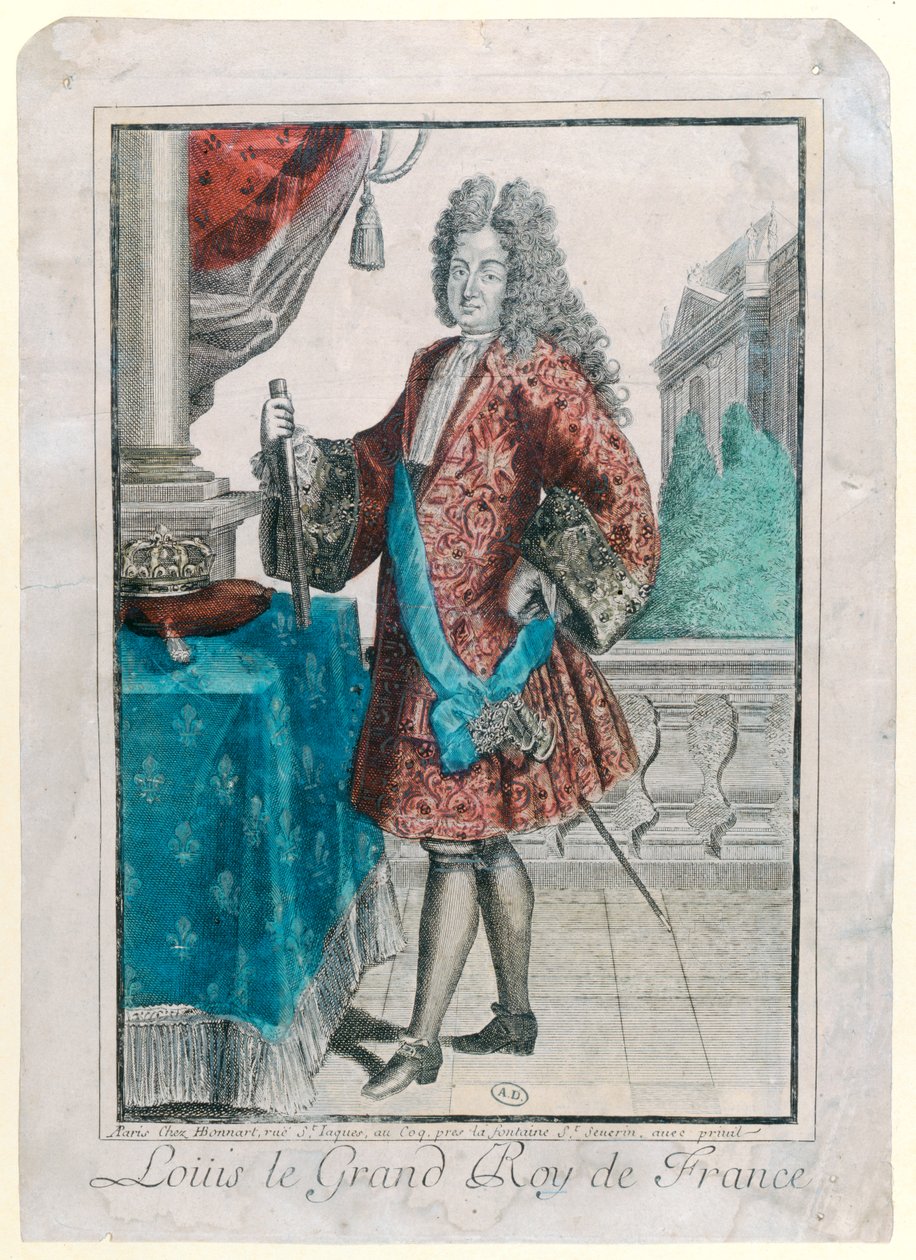 Luís XIV (1638-1715) Rei da França, 1695 (gravura colorida à mão) de Jean Baptiste Bonnart