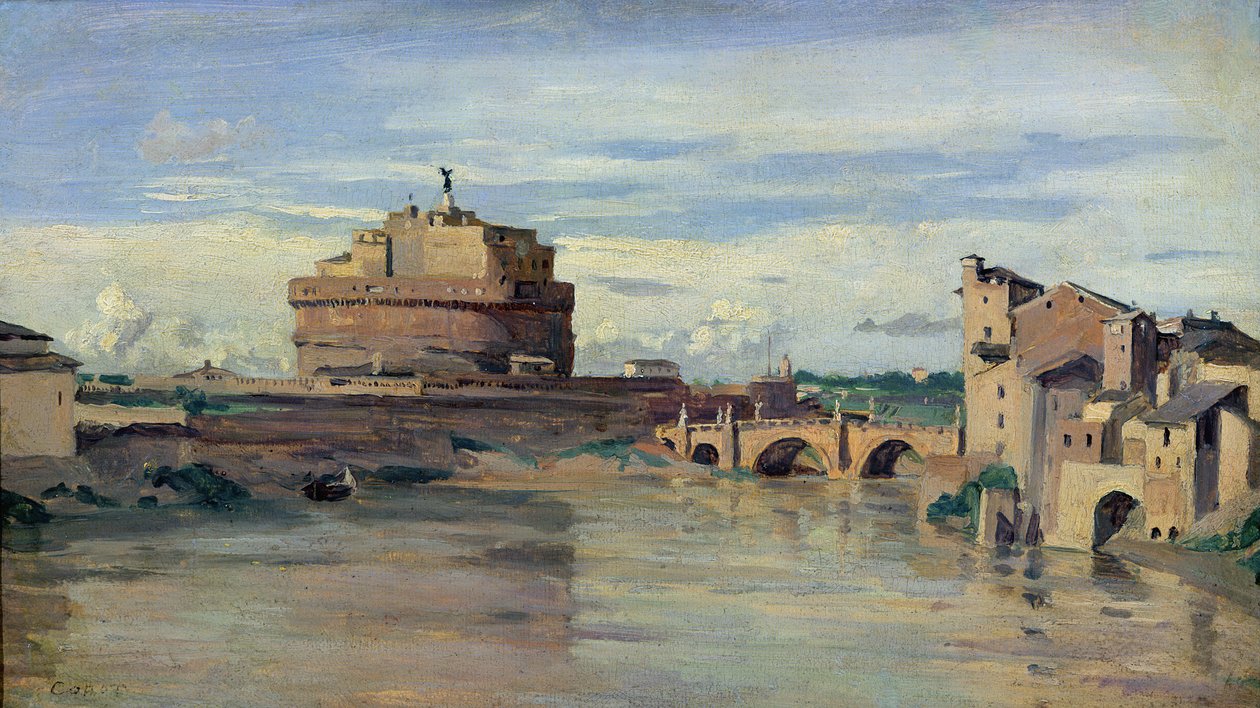 Castel Sant &39;Angelo e o rio Tibre, Roma (óleo sobre papel) de Jean Baptiste Camille Corot
