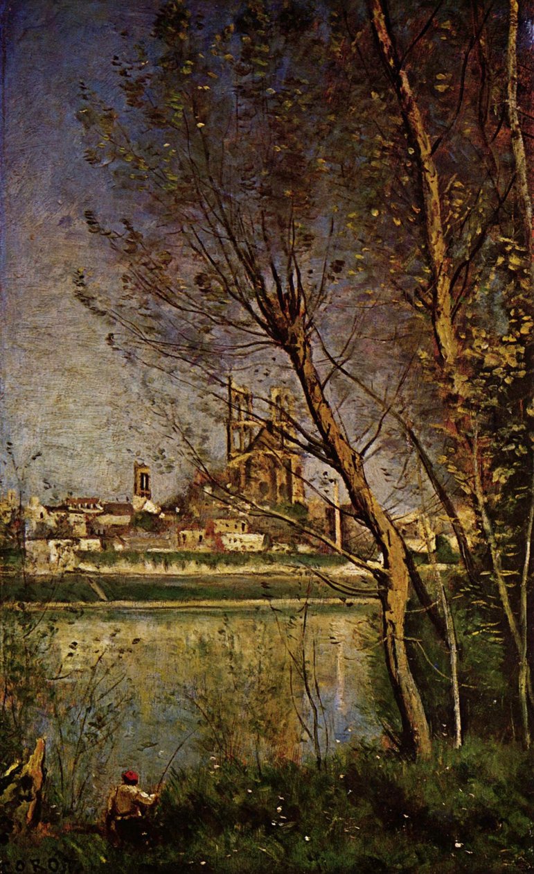 Catedral de Mantes, com pescador de Jean Baptiste Camille Corot