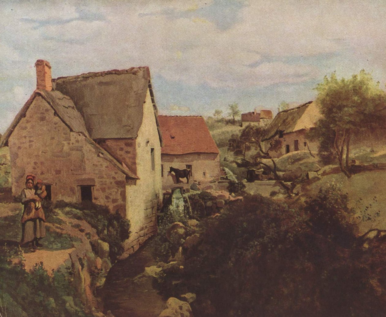 Casas e um moinho nas margens de um riacho de Jean Baptiste Camille Corot