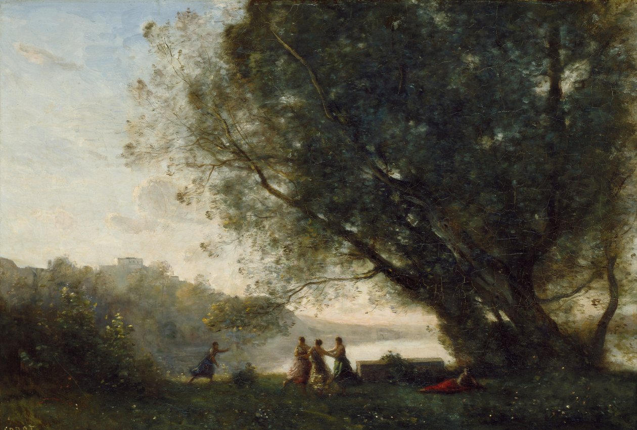 Dance sob as árvores na beira do lago, 1865-70 de Jean Baptiste Camille Corot