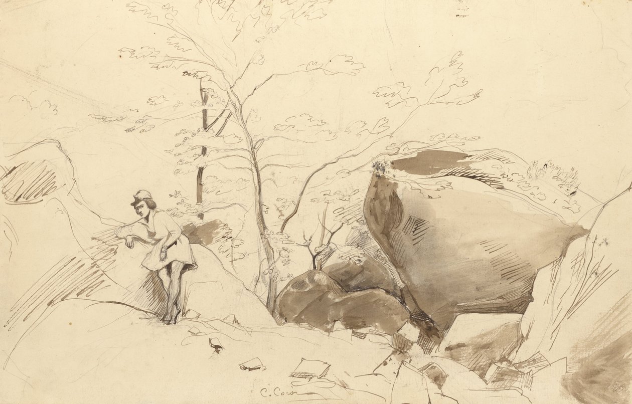 Fontainebleau, figura encostada a uma rocha de Jean Baptiste Camille Corot