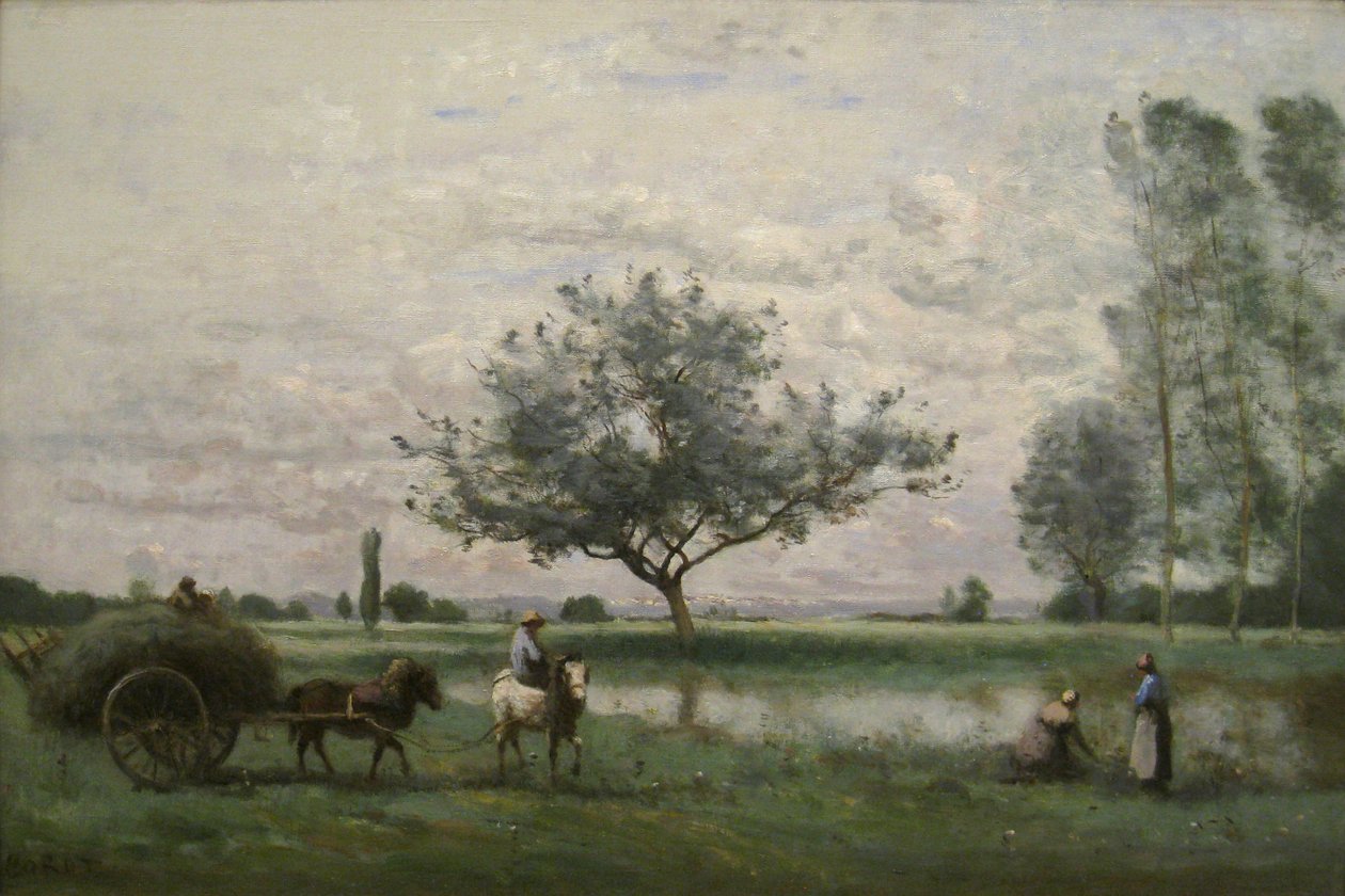 Carrinho de feno ao longo de um rio de Jean Baptiste Camille Corot