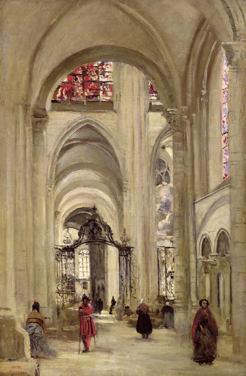 Interior da Catedral de St. Etienne, Sens, c.1874 de Jean Baptiste Camille Corot