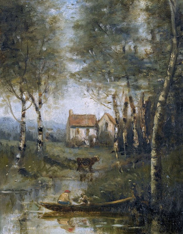 O rio de barco e a casa de Jean Baptiste Camille Corot