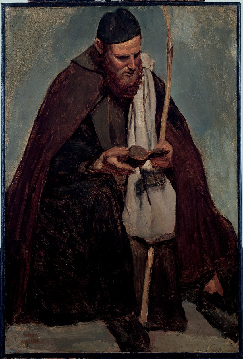 Monge italiano sentado, leitura de Jean Baptiste Camille Corot