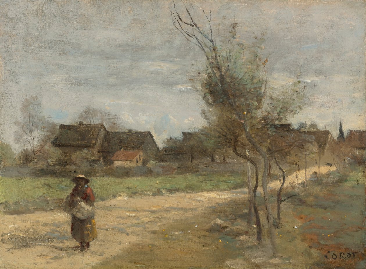 Camponês em uma estrada com vista a uma aldeia de Jean Baptiste Camille Corot