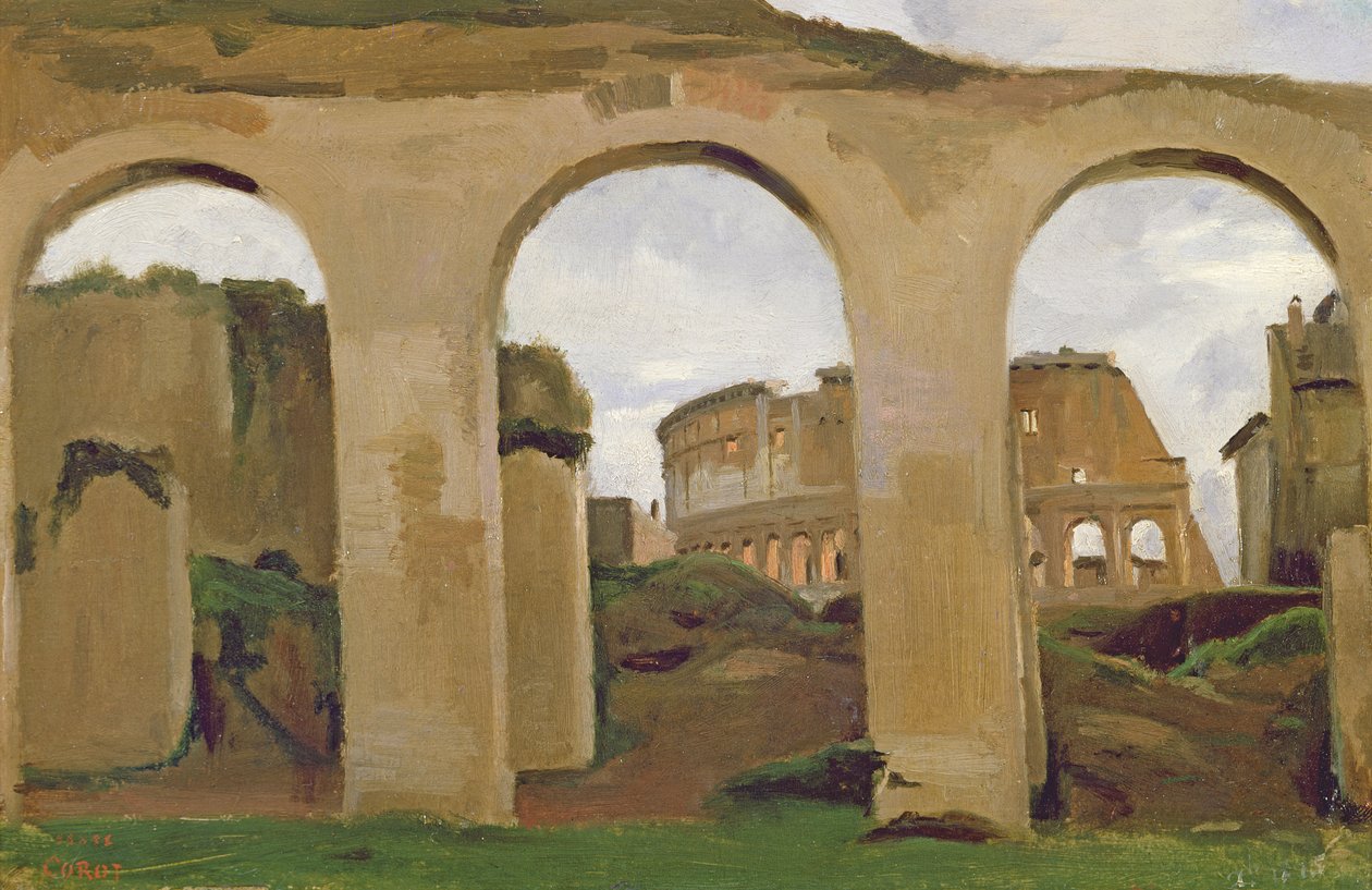 O Coliseu, visto através das arcadas da Basílica de Constantino, 1825 (óleo sobre papel) de Jean Baptiste Camille Corot