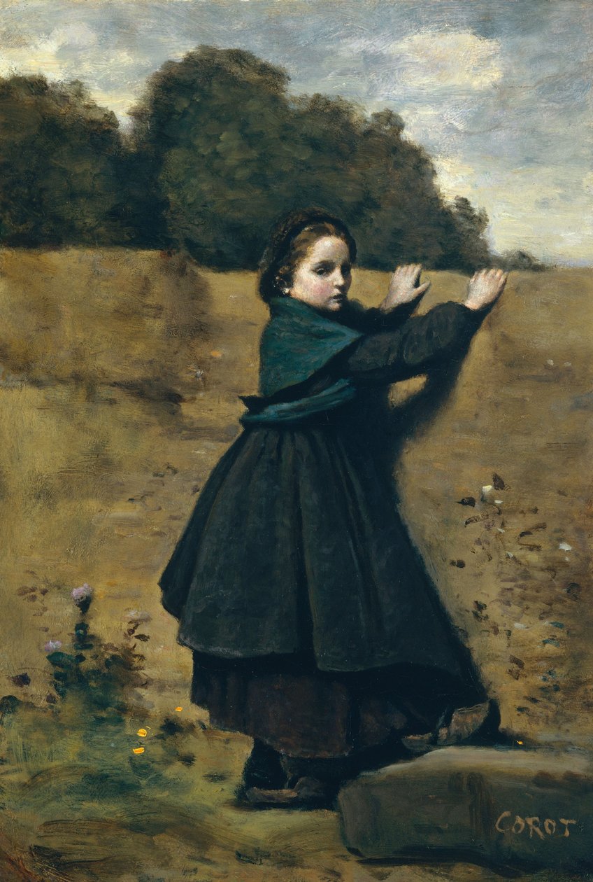 A Menina Curiosa, 1860-64 (óleo em papelão, colocado em madeira) de Jean Baptiste Camille Corot