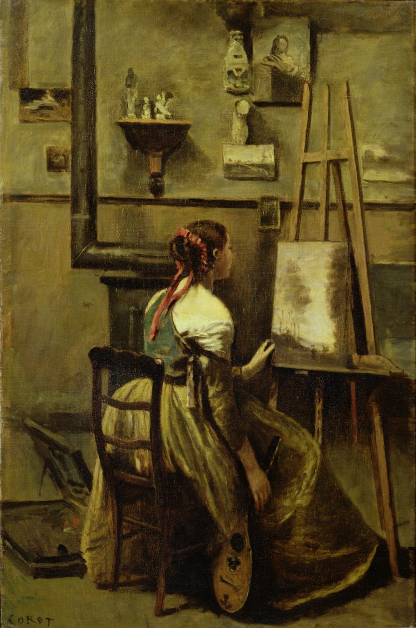 O estúdio de Corot, ou jovem mulher sentada diante de um cavalete, 1868-70 de Jean Baptiste Camille Corot