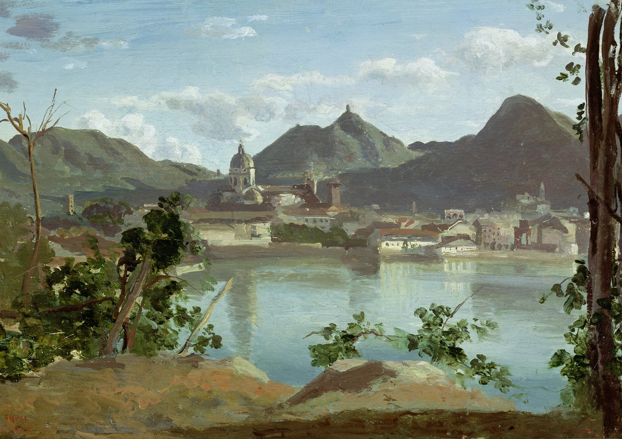 A cidade e o lago Como, 1834 de Jean Baptiste Camille Corot