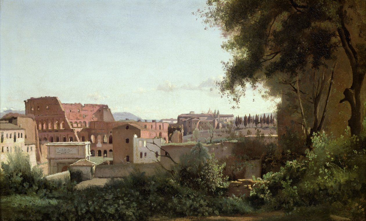 Vista do Coliseu dos Jardins Farnese, 1826 (óleo sobre papel colocado sobre tela) de Jean Baptiste Camille Corot
