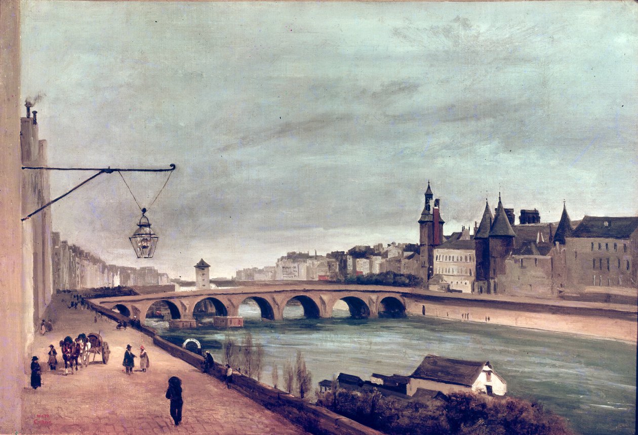 Vista, de, a, pont, au, mudança, de, Quai, de, Gesvres, verão, 1830 de Jean Baptiste Camille Corot