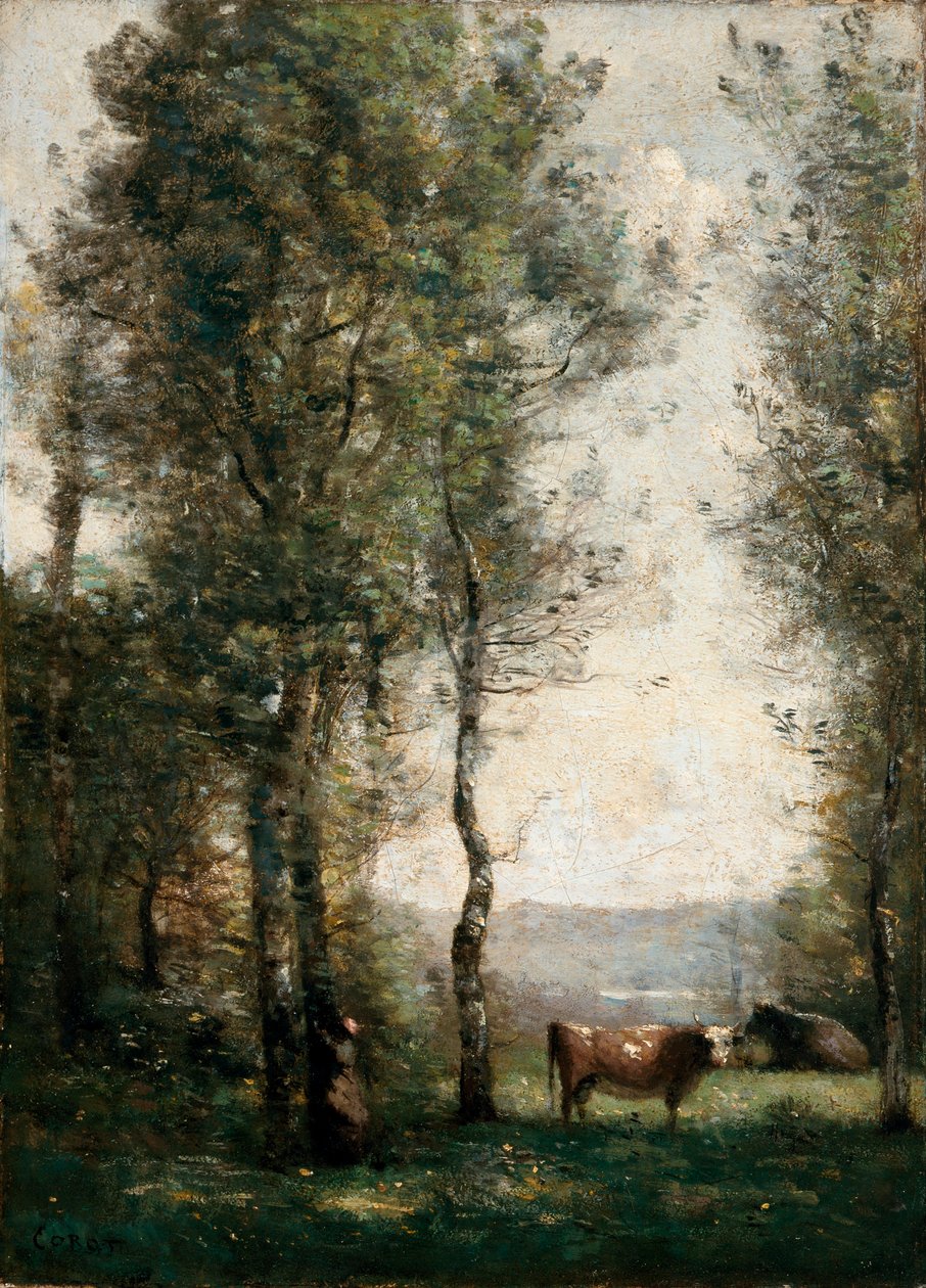 Paisagem arborizada com vacas em uma clareira de Jean Baptiste Camille Corot