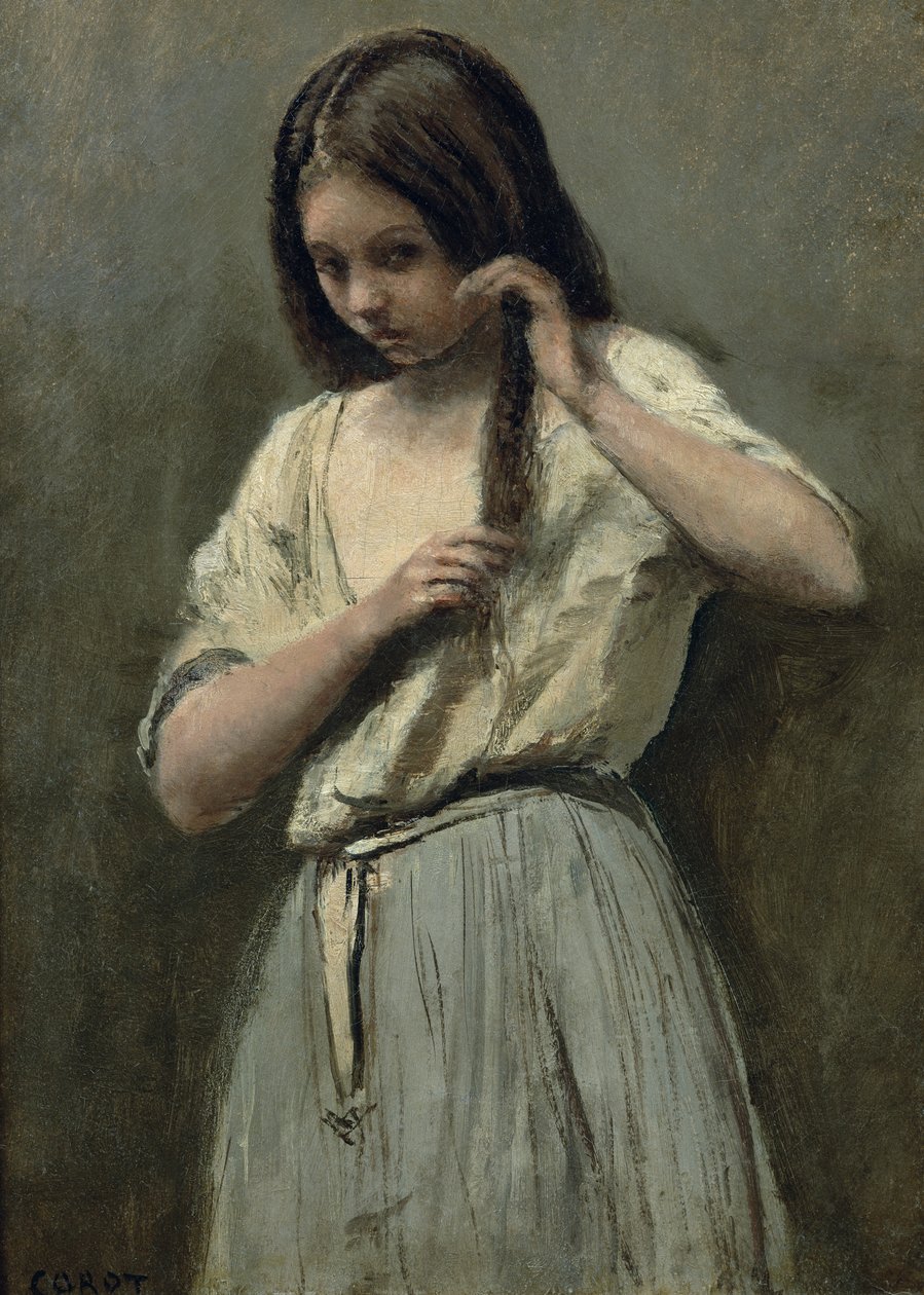 Menina jovem, em, dela, banheiro de Jean Baptiste Camille Corot