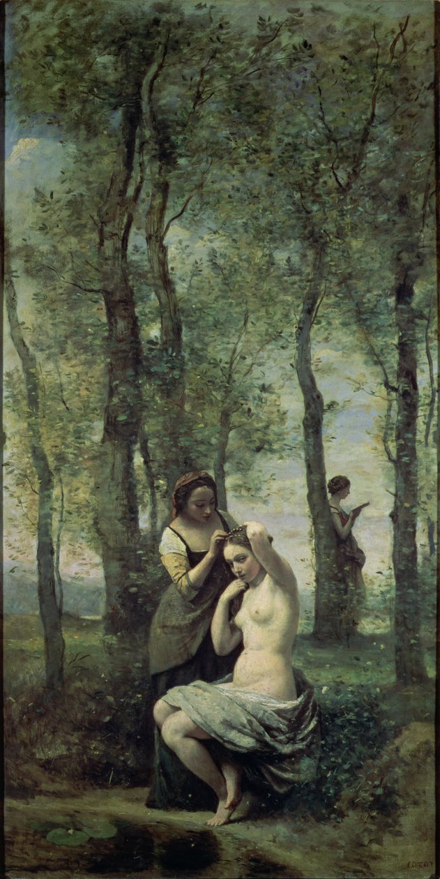 Mulher jovem, em, dela, banheiro de Jean Baptiste Camille Corot