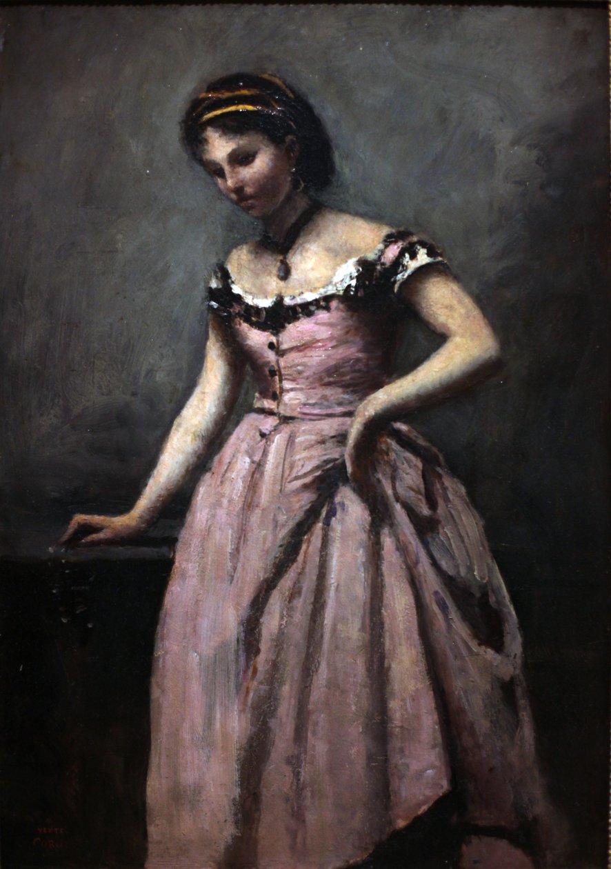 Mulher jovem, em, vestido cor-de-rosa de Jean Baptiste Camille Corot