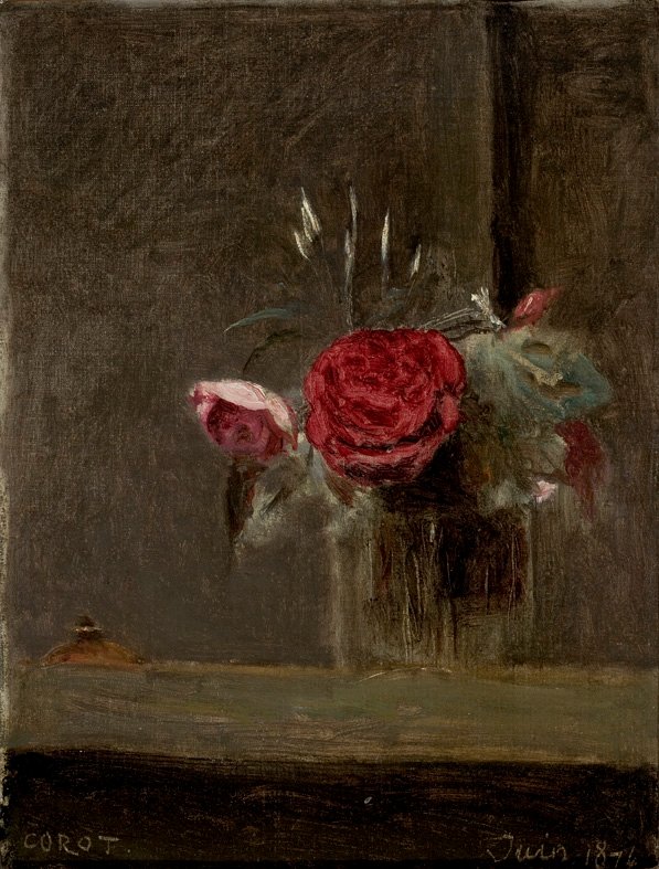 rosas num copo  de Jean Baptiste Camille Corot