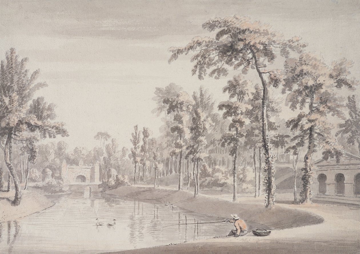 A Gruta e o Templo da Contemplação, Stowe, 1752 (caneta e tinta com grafite sobre papel) de Jean Baptiste Claude Chatelain