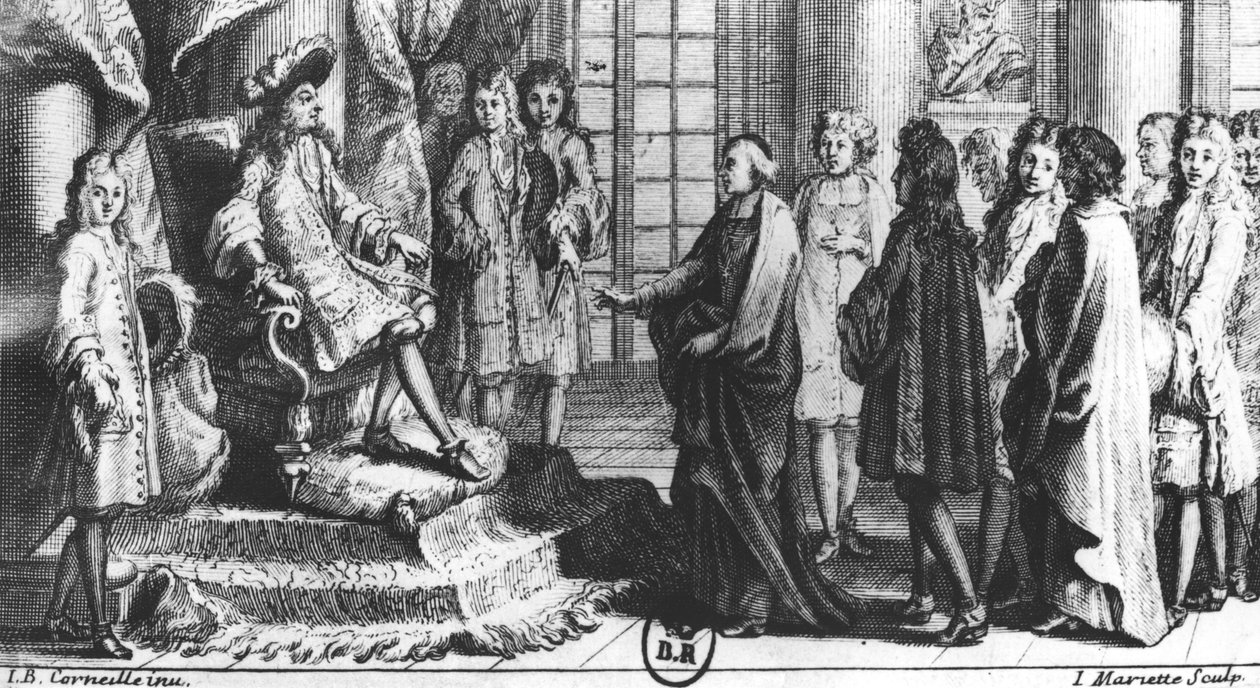 Membros da Academia Francesa apresentando o dicionário a Louis XIV (1638-1715) em 1694, gravado por Jean Mariette (1660-1742) de Jean Baptiste Corneille