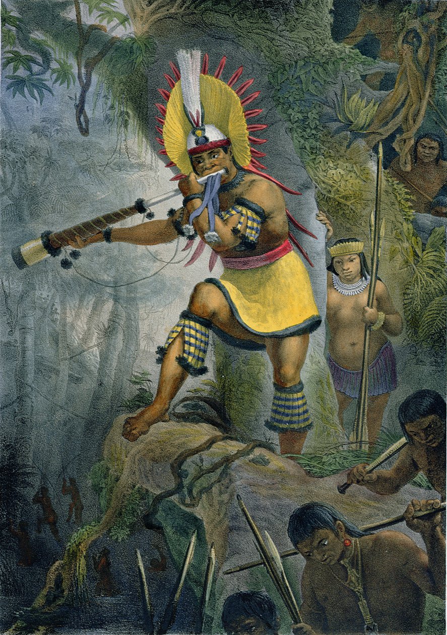 Um índio de Coroado dando o sinal de ataque, ilustração de &39;Viagem pitoresca e histórica no Brasil&39; por Jean-Baptiste Debret (1768-1848), publicado em Paris, 1839 de Jean Baptiste Debret