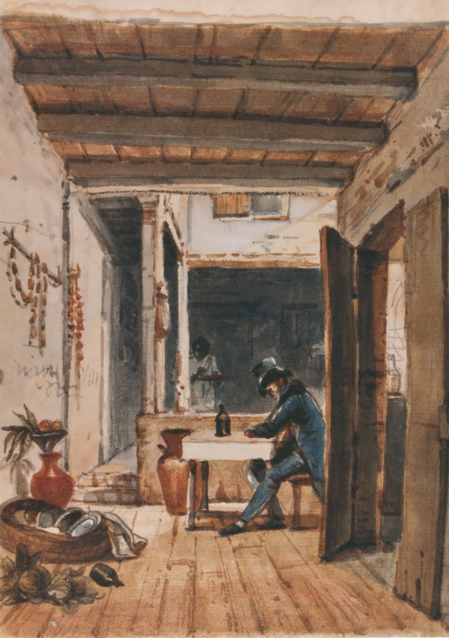Aquarela de Debret, onde este retrata a si próprio numa estalagem de Jean Baptiste Debret