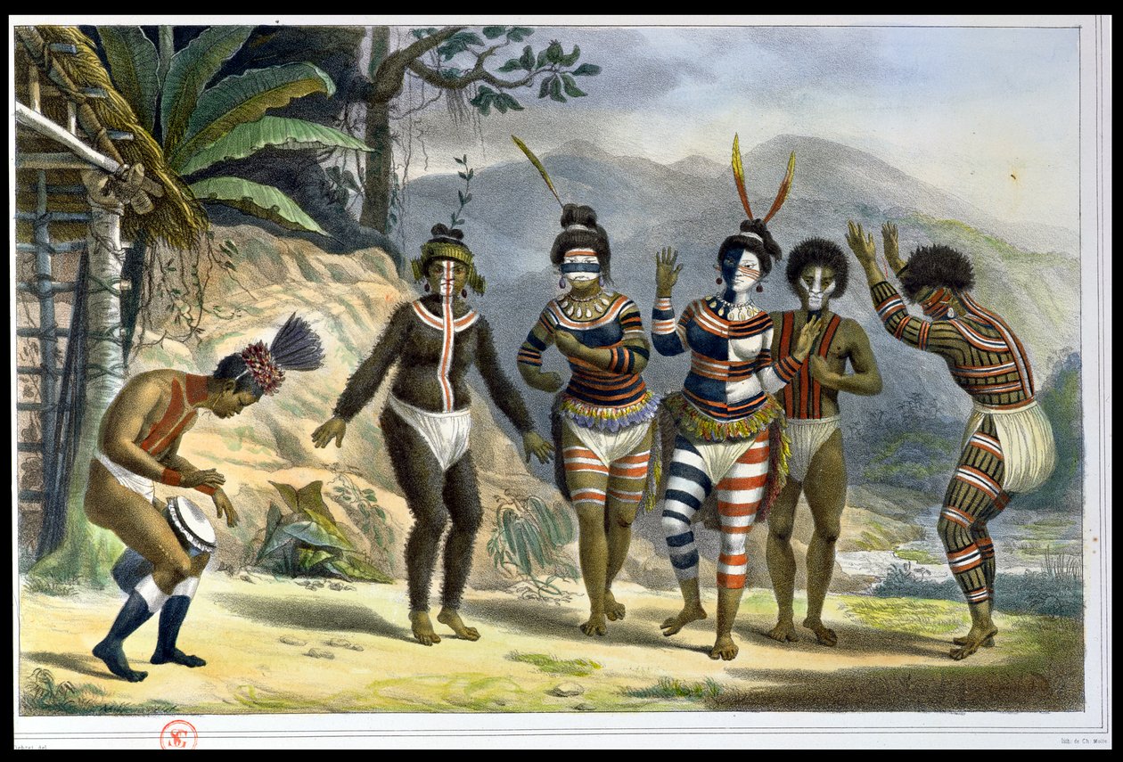Índios que dançam na Missão de San José, de "Viagem pitoresca e histórica no Brasil", gravada por Charles Etienne Pierre Motte (1785-1836), publicada em 1839 de Jean Baptiste Debret