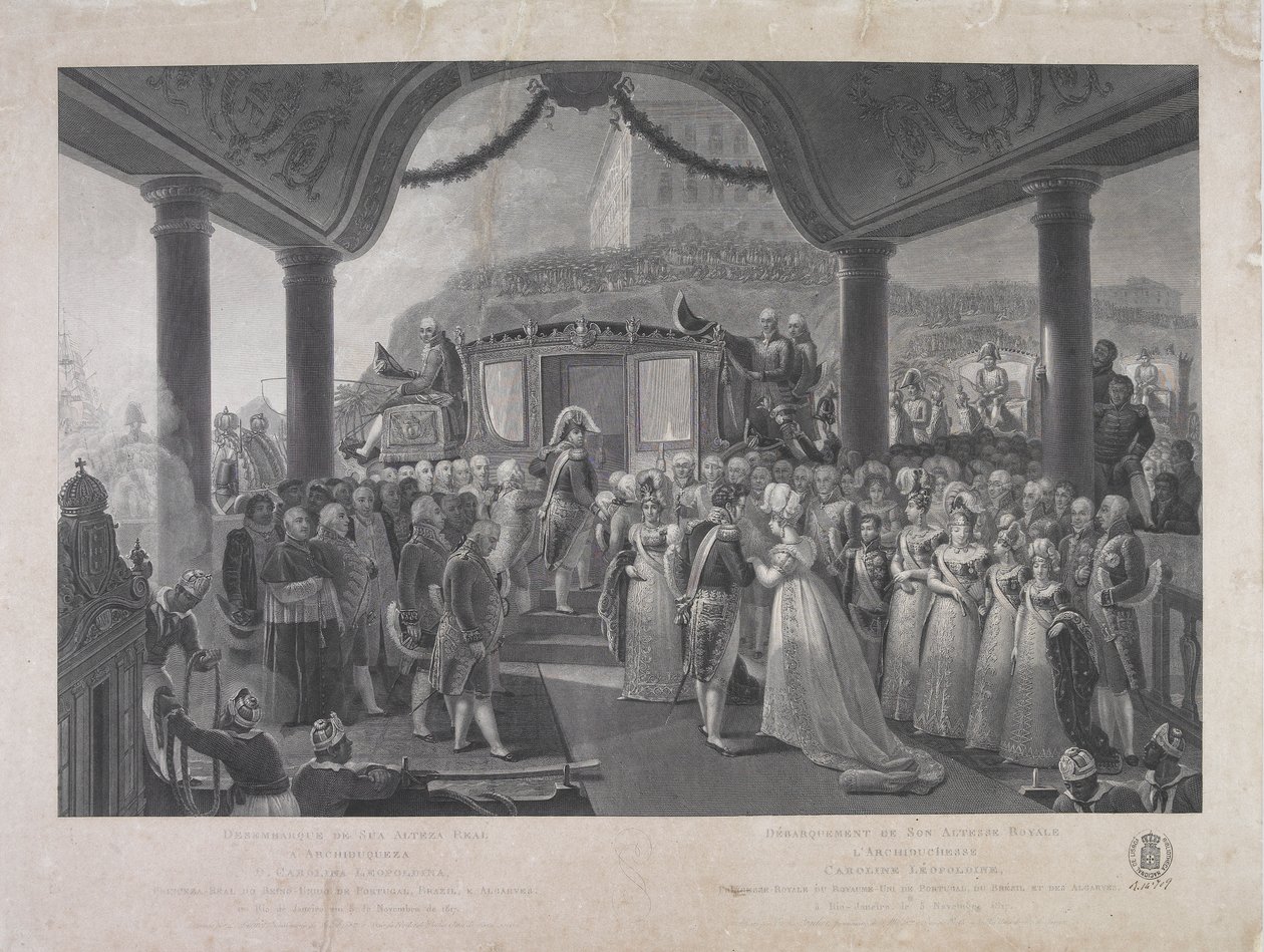 Aterrissagem da Archduchess HRH D. Carolina Leopoldina, Princesa Real do Reino Unido de Portugal, Brasil e Algarves, no Rio de Janeiro em 5 de novembro de 1817 de Jean Baptiste Debret