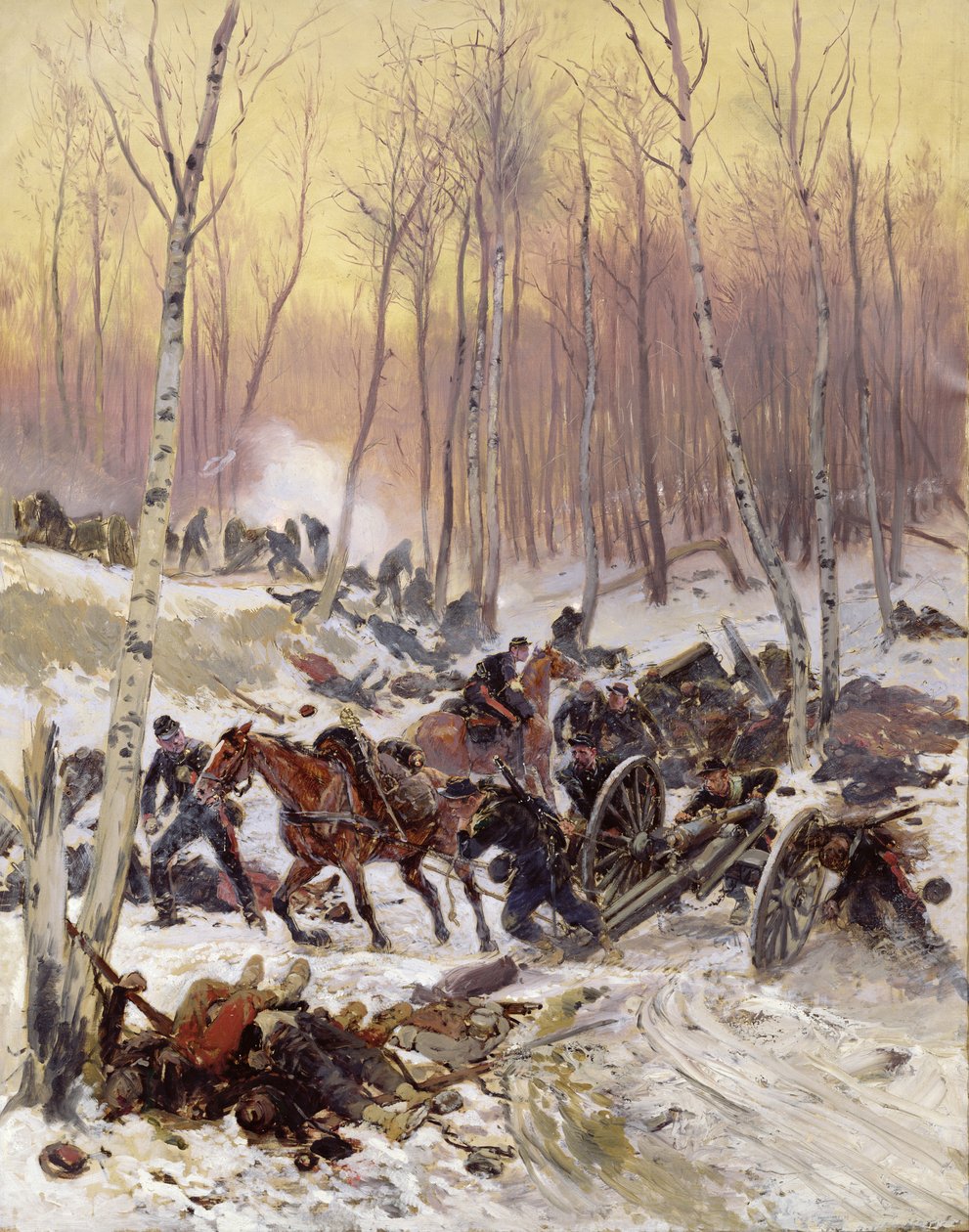 Combate de artilharia em uma floresta durante o cerco de Paris, 1870-71 de Jean Baptiste Edouard Detaille