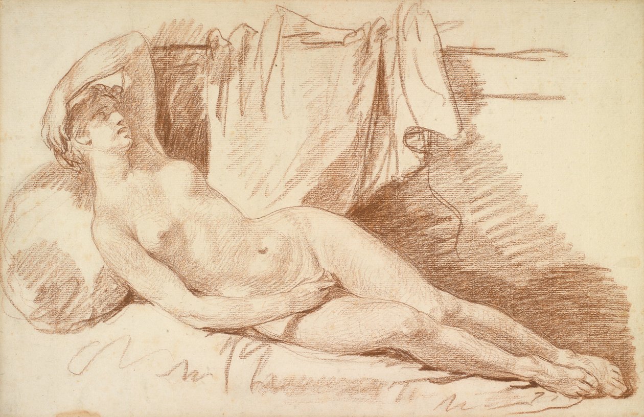 Nude Fêmea Reclinada: Estudo para Aegina visitado por Júpiter, c.1767 (giz vermelho sobre papel) de Jean Baptiste Greuze