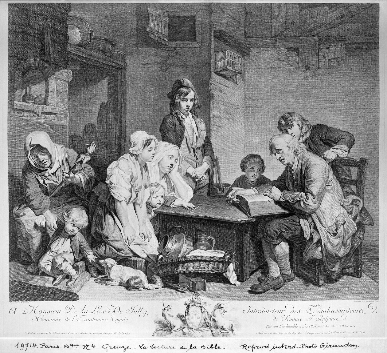 A leitura da Bíblia, gravada por Pieter Franciscus Martenisie ou Martinasie (1729-89) 1759 de Jean Baptiste Greuze
