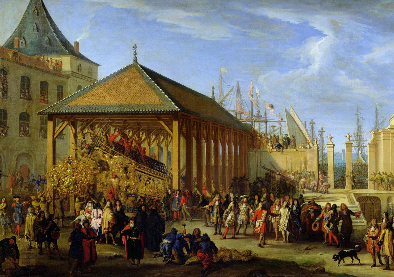 Jean-Baptiste Colbert (1651-1690) Marquês de Seignelay e Louis Victor Rochechouart (1636-88) Duque de Vivonne Visita ao galeão &39;Reale da França&39; no Arsenal de Marselha em 1669, c.1679 (petróleo de Jean Baptiste I de La Rose