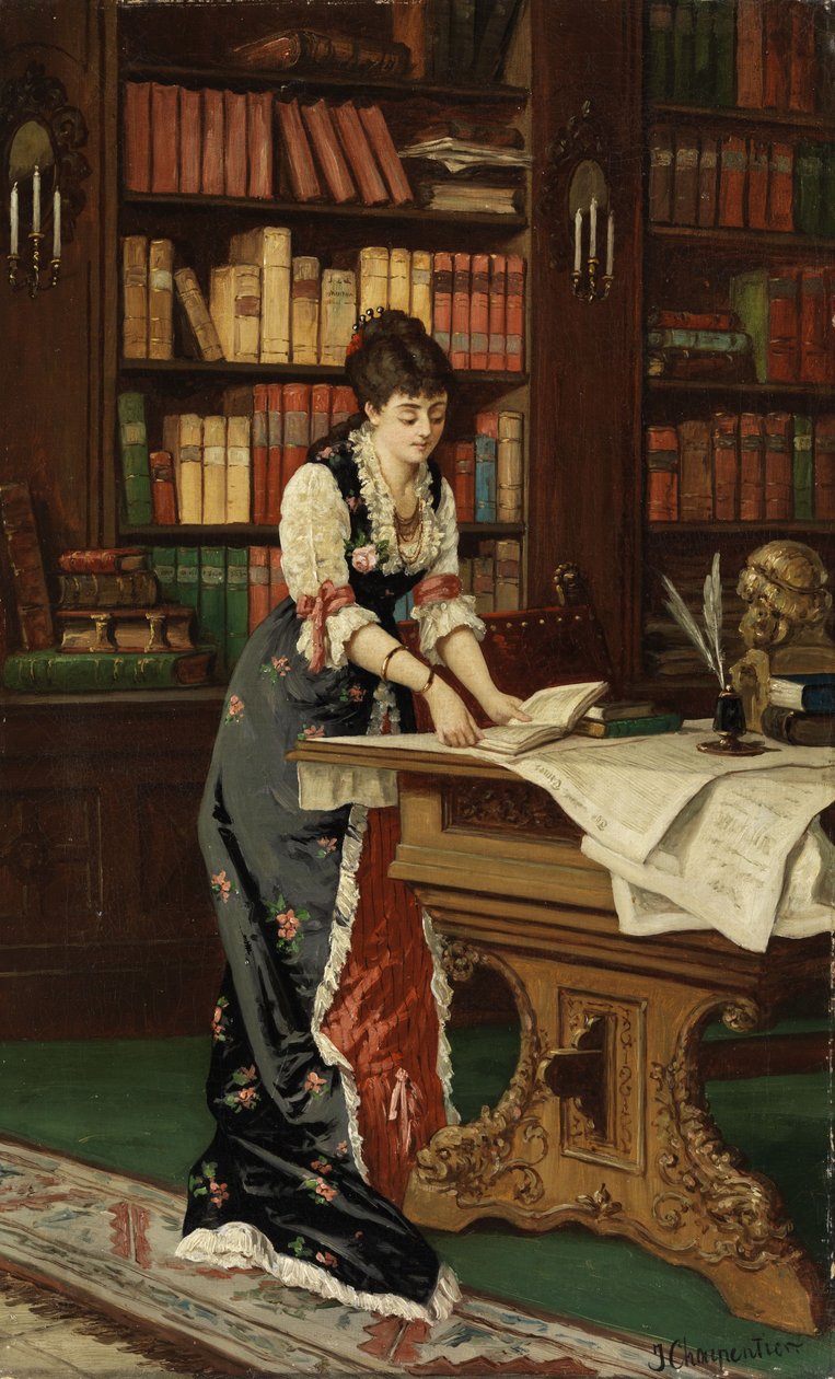 Mulher jovem, enquanto, leitura, em, um, biblioteca, sala de Jean Baptiste II Charpentier