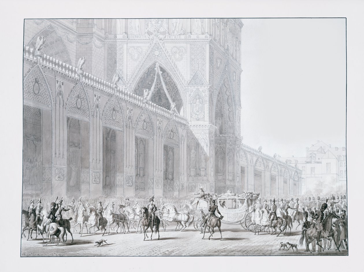 Chegada à Catedral de Notre-Dame, Paris do Imperador Napoleão I e da Imperatriz Josefina para sua coroação em 2 de dezembro de 1804, ilustração do &39;Livre du Sacre&39;, publicado em Paris, 1804-15 (gravado de Jean Baptiste Isabey