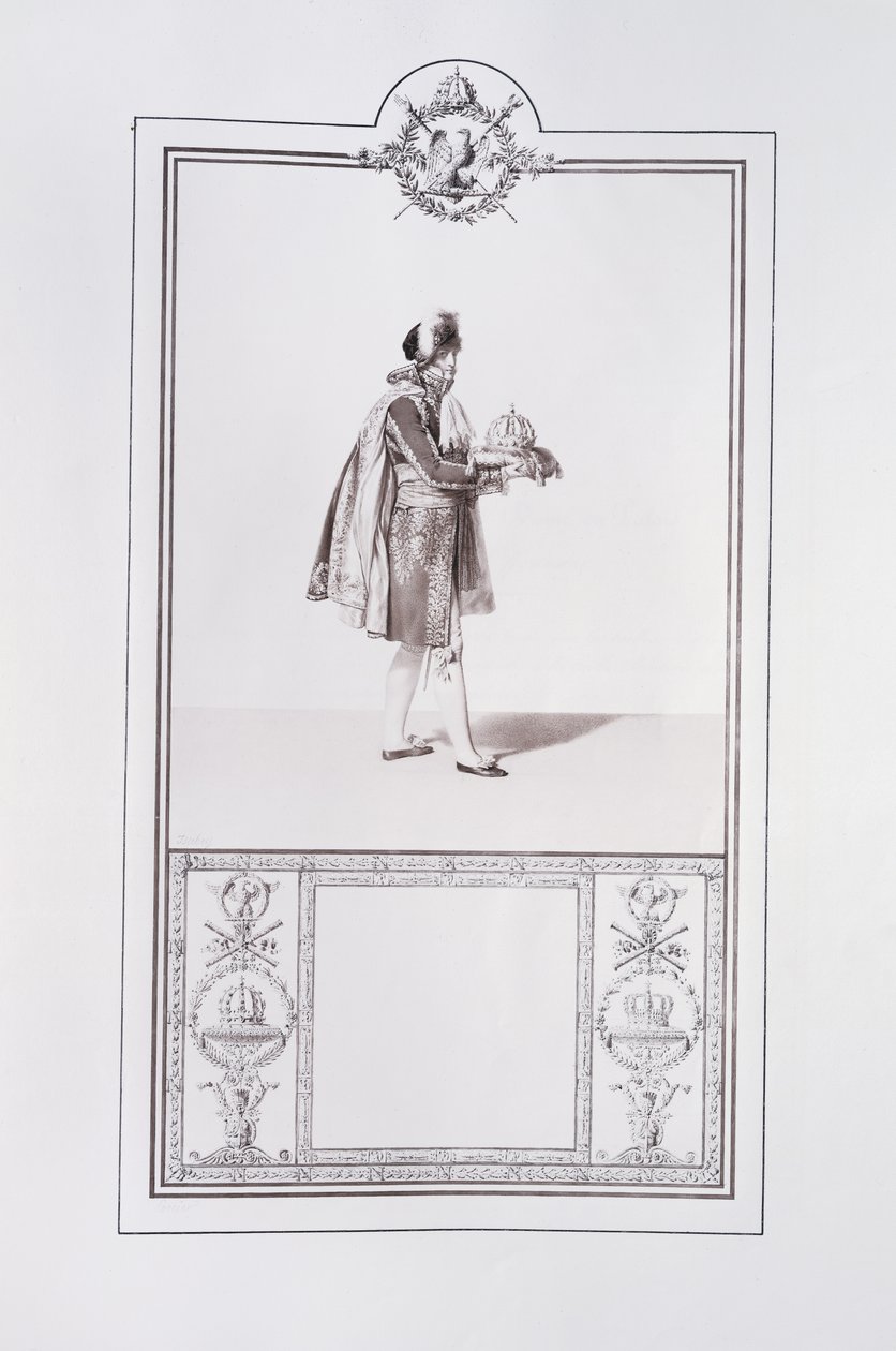Traje de um príncipe francês para a coroação do Imperador Napoleão I e da Imperatriz Josefina em Paris em 2 de dezembro de 1804, ilustração do &39;Livre du Sacre&39;, publicado em Paris, 1804-15 de Jean Baptiste Isabey