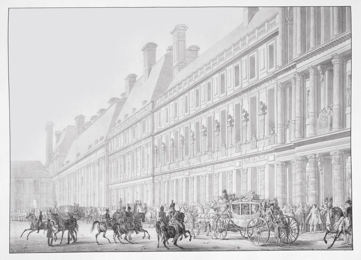 Partida do Palácio das Tulherias do Imperador Napoleão I e da Imperatriz Josefina para sua Coroação na Catedral de Notre-Dame em 2 de dezembro de 1804, ilustração do &39;Livre du Sacre&39;, publicado em P de Jean Baptiste Isabey