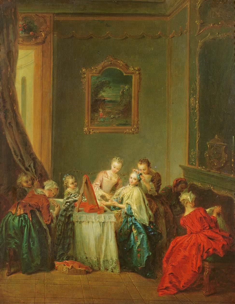O banheiro: jovem mulher em sua penteadeira de Jean Baptiste Joseph Pater