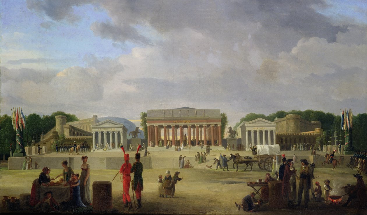 Vista do Grand Theatre Construído na Place de la Concorde para a Fete de la Paix, 9 de novembro de 1801 de Jean Baptiste Louis Cazin