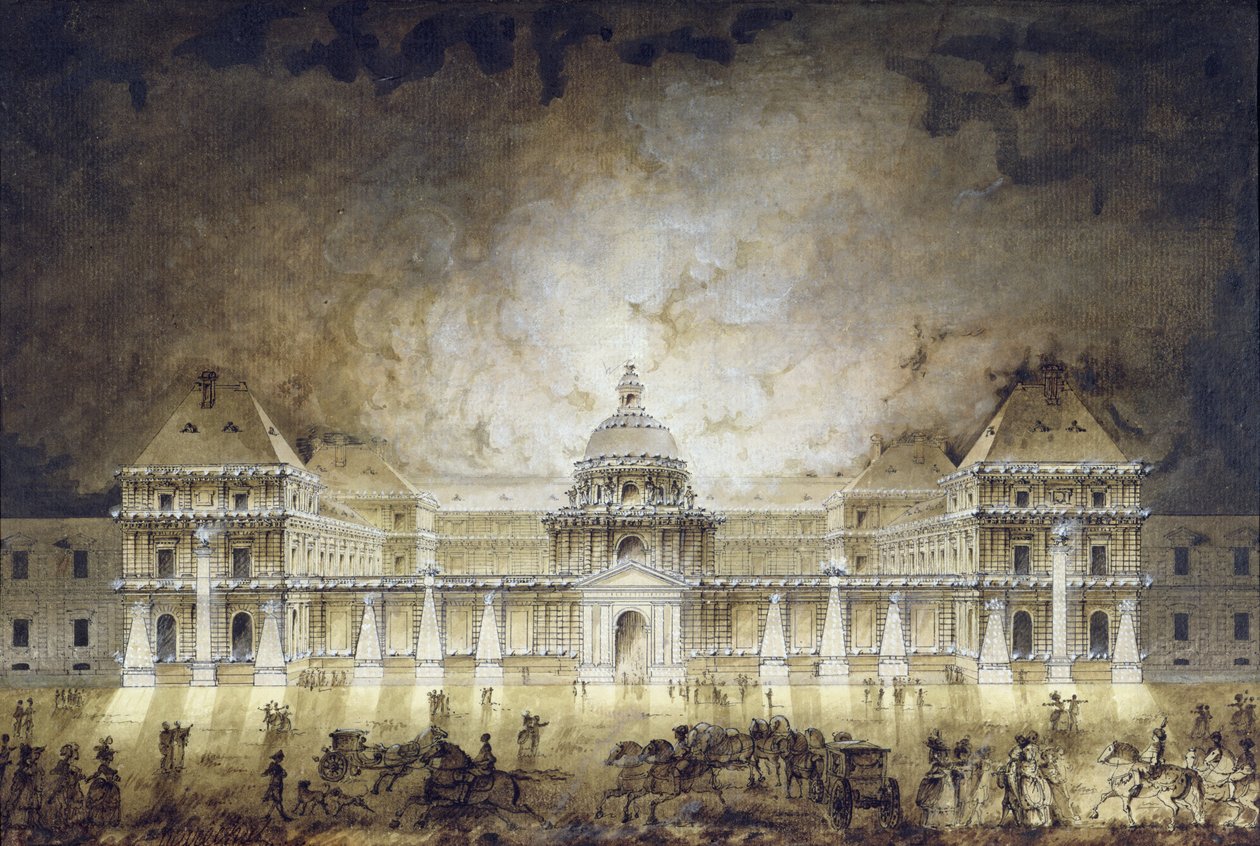 O Palácio de Luxemburgo Iluminado para a Fête du Roi em 1780 (caneta e tinta no papel) de Jean Baptiste Marechal