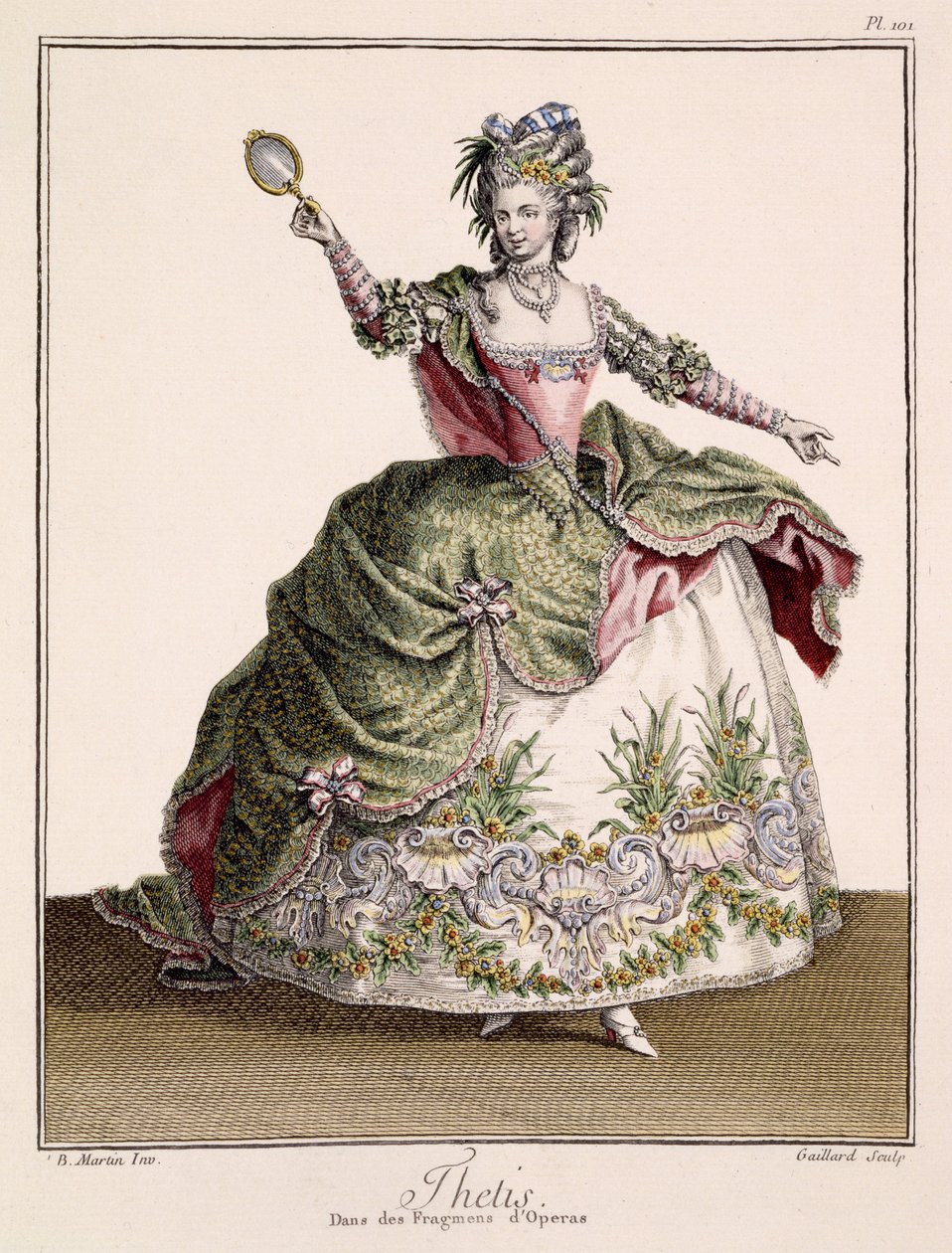 Figurino para Thelis de &39;Des Fragmens d&39;Operas&39;, estampa feita por Gaillard, final do século XVIII (gravura colorida à mão) de Jean Baptiste Martin