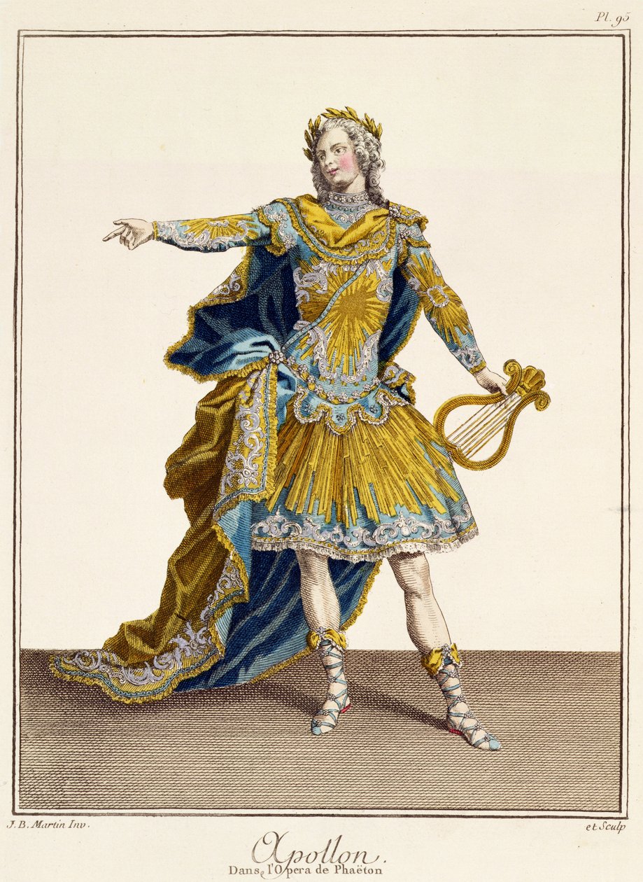 Traje para Apolo na ópera &39;Phaethon&39;, gravado pelo artista, c.1780 de Jean Baptiste Martin