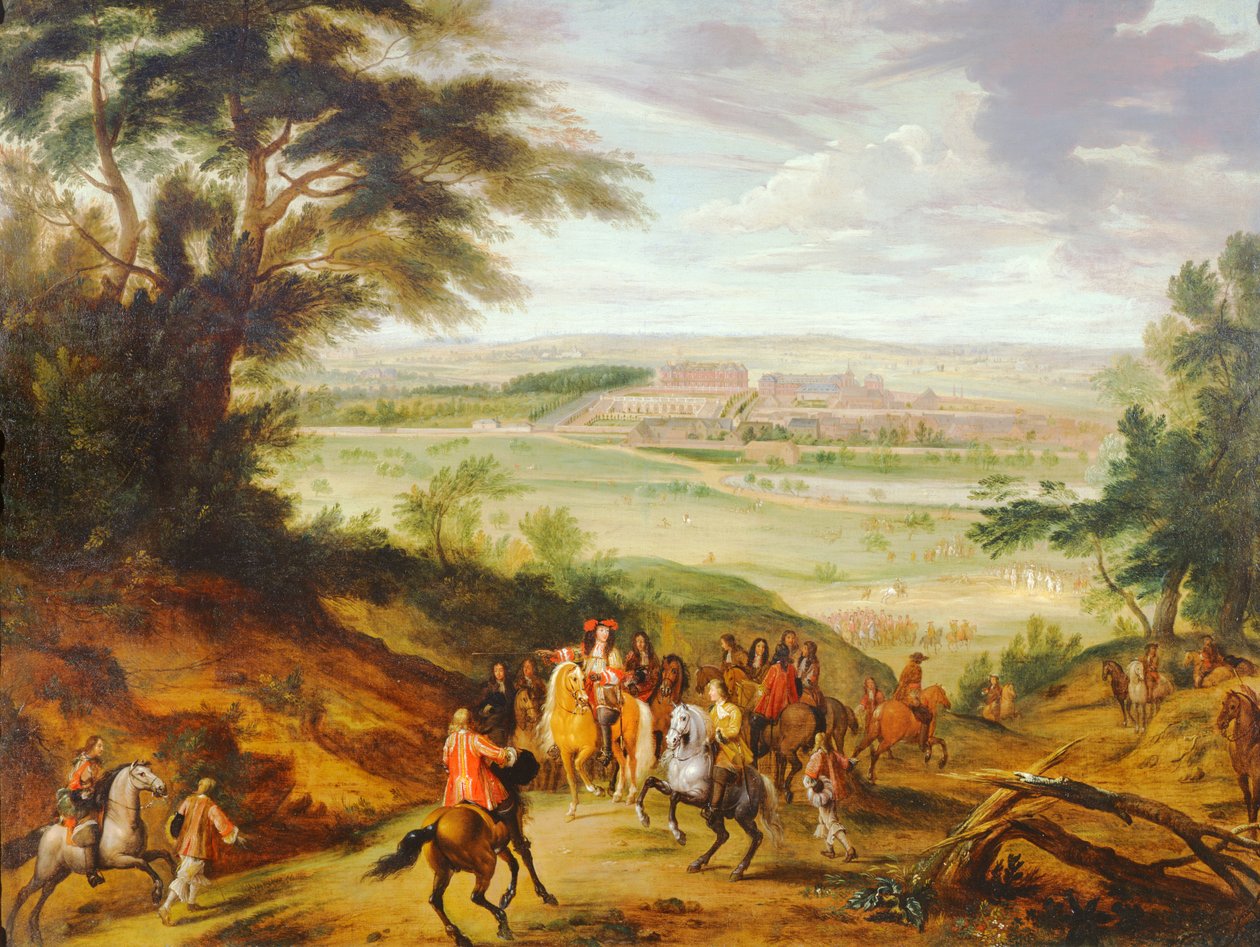 Louis XIV com Versailles à distância de Jean Baptiste Martin