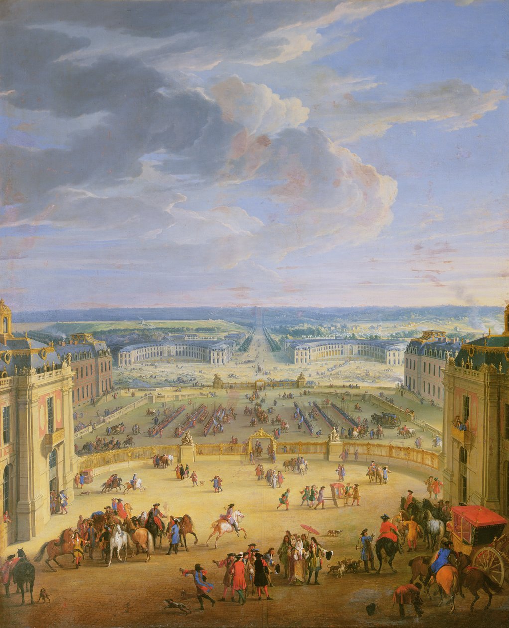 Vista em perspectiva do Chateau de Versalhes da Place d&39;Armes e dos estábulos, 1688 de Jean Baptiste Martin