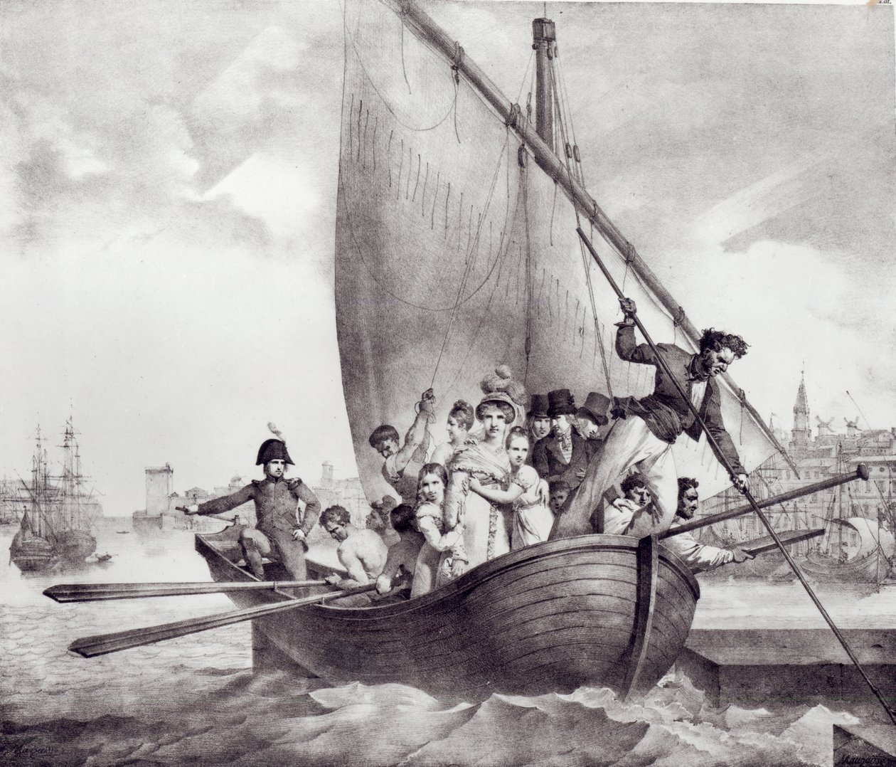 Família Bonaparte chegando em Toulon (França), ao fugir da Córsega, 17 de junho de 1793, gravada por Motte, Charles (1785-1836) de Jean Baptiste Mauzaisse